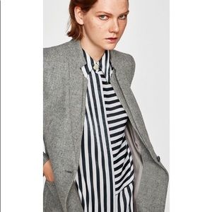 ZARA BASIC grey double inverted lapel top coat with stand collar 100% wool XS